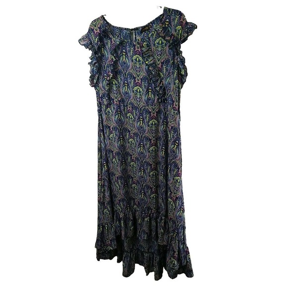 Reborn Blue Semi Sheer Paisley Plunge Ruffle Cap Sleeve Dress. Size XL - Picture 1 of 11